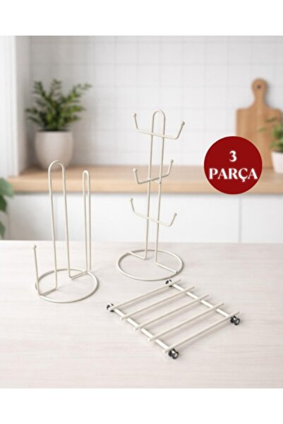 Store HGY Home 3'lü Metal Mutfak \ Çeyiz Seti - Bej - ( Fincan Askılığı, Kağı...