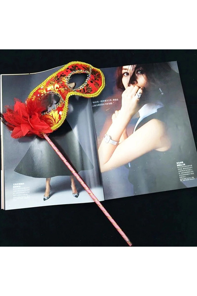 Livenda قناع الحفلة الراقصة الفاخر بمقبض حجري اللون أحمر