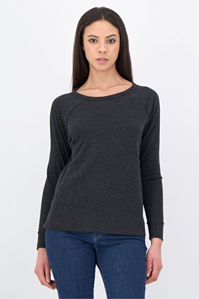 Undiz بلوزة نسائية بأكمام طويلة محبوكة وياقة دائرية، لون أسود فحمي