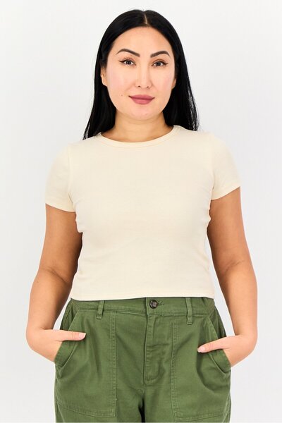 Don't Call Me Jennyfer Women Ribbed Neck Short Sleeve Ribbed Top, Cream