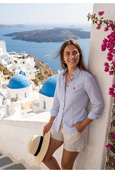 YusGos Women's Cuffed and Collared Modern Fit Shirt Paneled Striped Cotton Lu