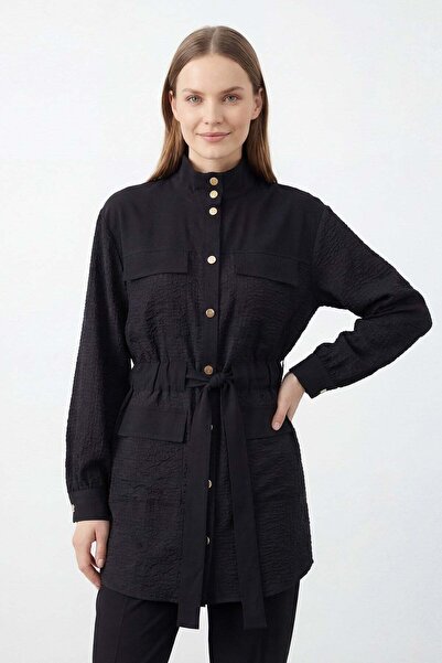 Puane Women's Hakim Collar Belted Bamboo Tunic Trouser Set – 14451Tks - Black