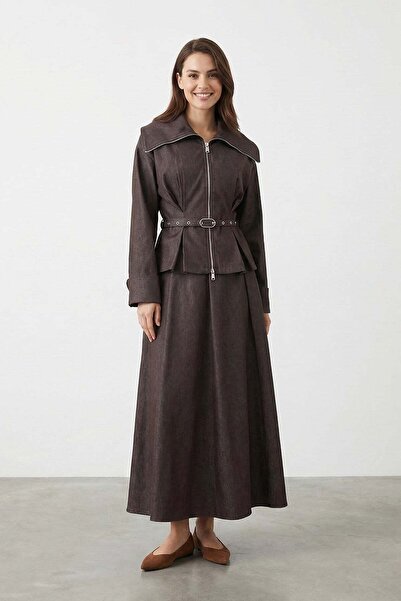 Loreen Women's Wide Collar Zippered Woven Skirt Suit - 20762Tk - Brown