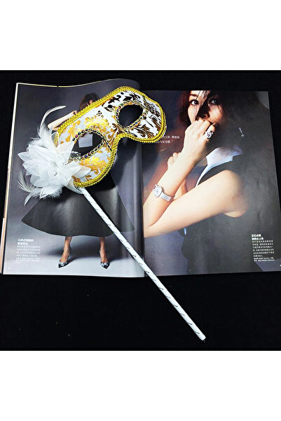 Livenda قناع الحفلة الراقصة الفاخر بمقبض حجري باللون الأبيض