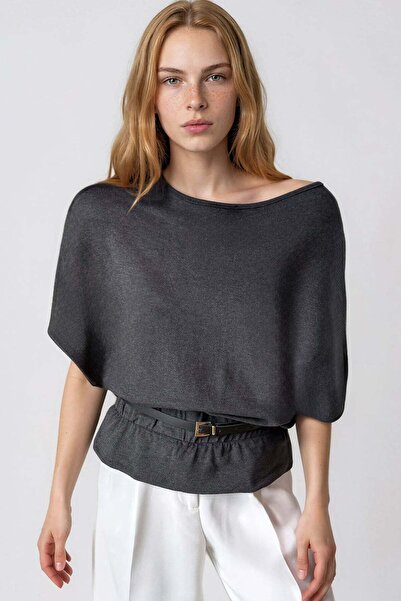 Trend Alaçatı Stili Women's Anthracite Boat Neck Belt Detail Knitted Blouse A...