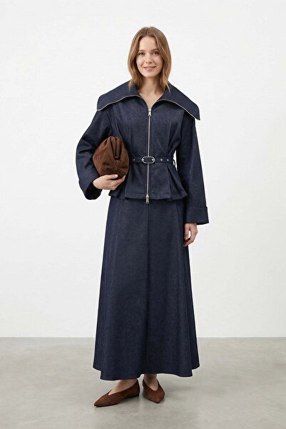Loreen Women's Wide Collar Zippered Woven Skirt Suit – 20762Tk - Navy