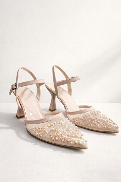 Parıltı Parla Women's Beige Pearl t Sheer t Tulle Pointed Toe Ankle t Buckled...