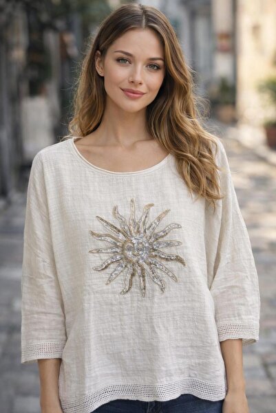 AGORATEKSTİL بلوزة نسائية 100% قماش كتان صنف مطبوع بأكمام ثلاثية الأرباع مقاس...