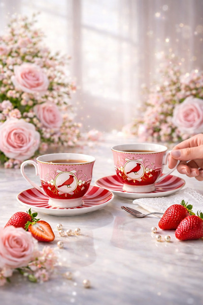 Paşabahçe Porselen Kahve Fincanı 2'li Set - Kırmızı Kuş Desenli Tabaklı Türk ...