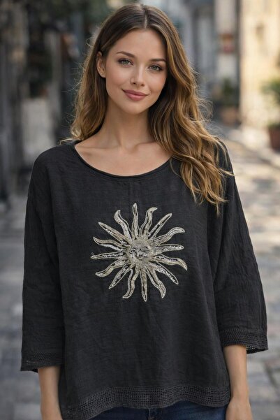 AGORATEKSTİL Women's 100% Linen Fabric Sun Printed Three Quarter Sleeve Blous...
