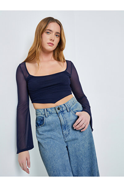 Take Two By Styli Navy Blue Square Neck Crop Top