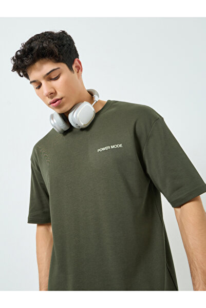 Styli Men Olive Green Minimal Print Oversized T-Shirt
