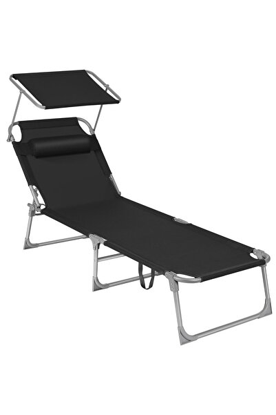 SONGMICS Șezlong pliabil cu parasolar și tetieră, maxim 150 kg, 193x53x29cm, ...
