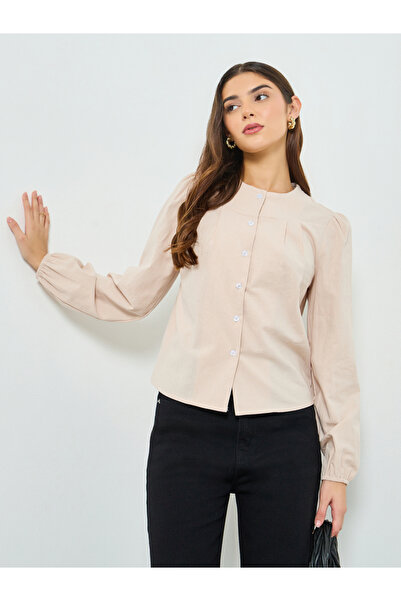 Take Two By Styli Beige Button-Front Long Sleeve Top