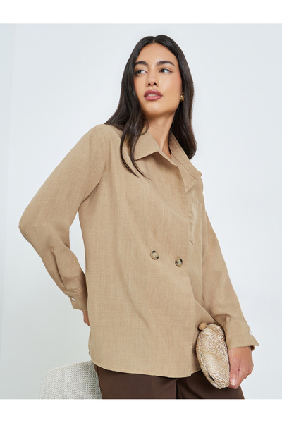 Styli Beige Long Sleeve Shirt with Double Button