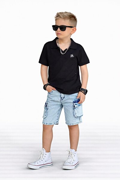 Bambam Boy's Polo Collar T-Shirt and Shorts Set-23021 Black