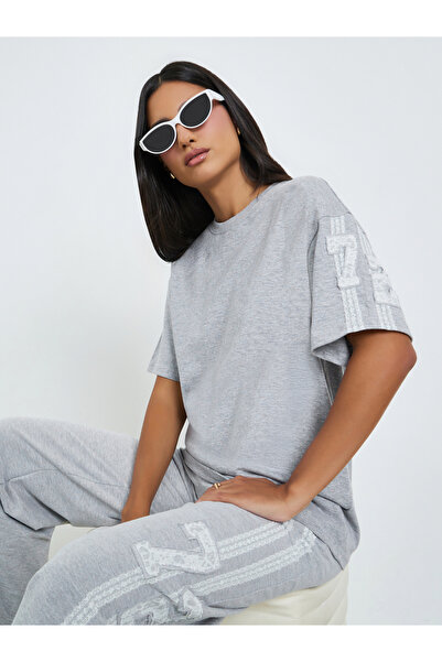 Styli Grey Oversized T-Shirt with Lace Number Detail