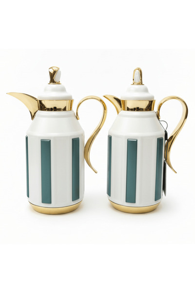 FURSAN Premium 2-Piece Vacuum Flask Set 1+1 L White & Gold with Green Accent ...