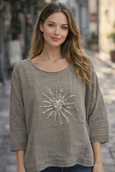 AGORATEKSTİL Women's 100% Linen Fabric Sun Printed Three Quarter Sleeve Blous...