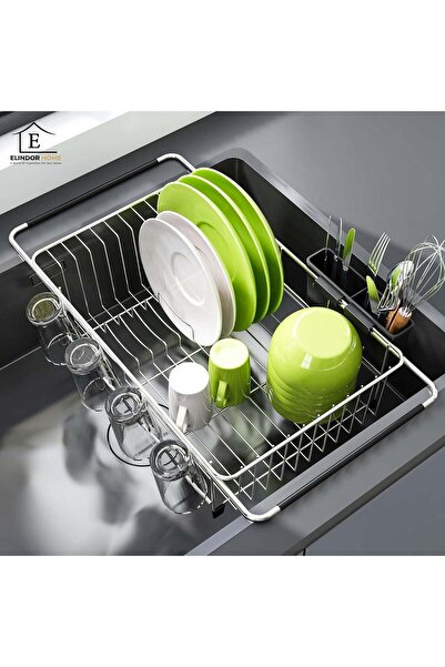 Elindor ® Extendable Dish Rack – Cutlery and Glass Holder, Built-in Sink, 43....