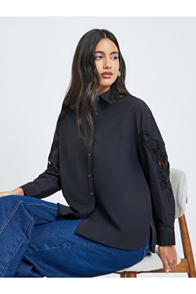 Styli Black Embroidery Detail Long Sleeve Shirt