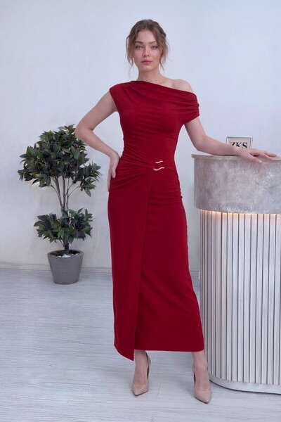 zks grup tekstil Women's Off Shoulder Waist Accessory Midi Length Dress Red, ...