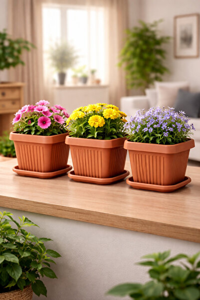 Binbirreyon 3 Adet Saksı Kare Terracotta Tabaklı Saksı 15x15x13cm 1,5Lt AH106