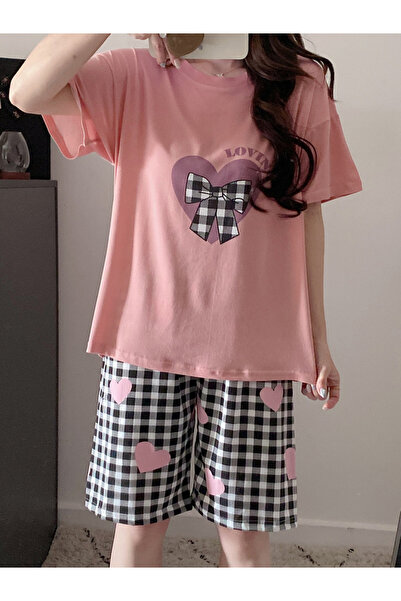Take Two By Styli Plus Size Heart Print Checked T-Shirt and Shorts Set