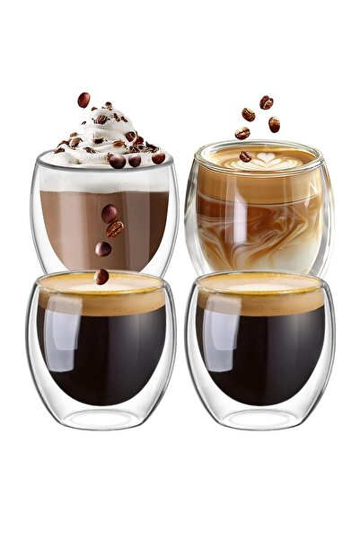 Blackstone طقم أكواب قهوة زجاجية مزدوج الجدار مكون من 4 قطع، سعة 250 مل، مصنو...