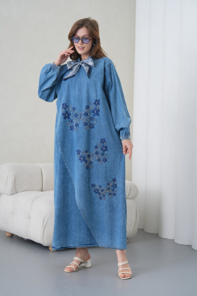 Miss Allos Rochie lungă din denim pentru femei, cu broderie fluture și detali...