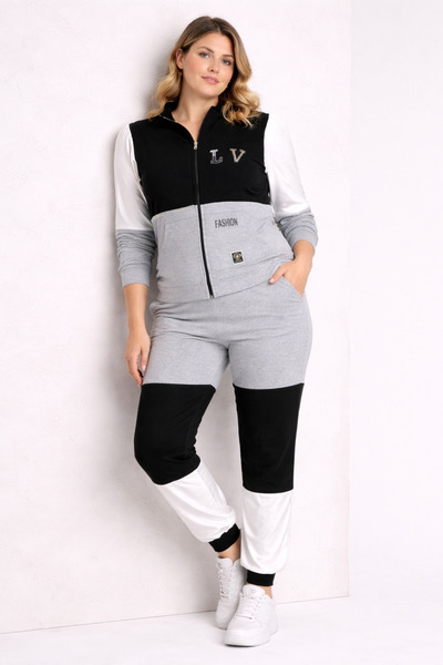 Şans Women's Plus Size Grey-White, Satin and Stone Detailed Pocketed Tracksui...