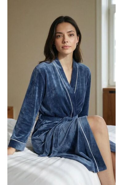 Espuar Women's Velvet Waist Tie-Detail Pocket Detail Dressing Gown