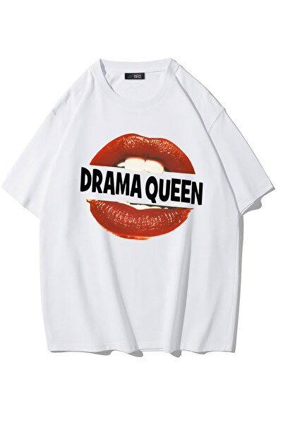 BRZ COLLECTION تي شيرت للجنسين بمقاس كبير مطبوع عليه شفاه دراما كوين (أبيض)