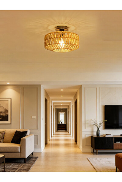 Bayt Aura مصباح سقفي راتان بوحو، مصباح سقفي منسوج يدوياً (لا يتضمن مصباحاً)