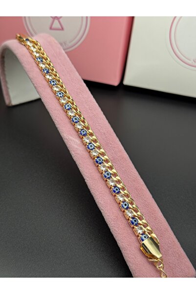 Alsem 14K Gold Kaplama Nazar Boncuklu Örme Su Yolu Bileklik , Çift Sıra Nazar...