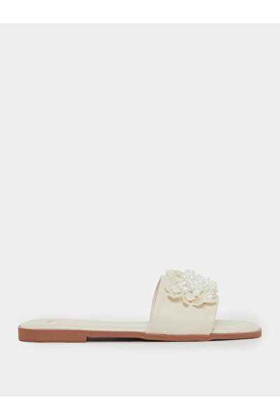 Styli Beige Pearl Embellished Flat Sandals