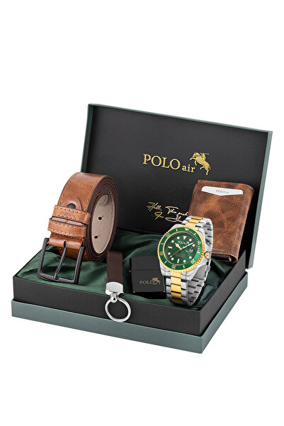 Poloair Mercek Takvimli Erkek Kol Saati Cüzdan Kemer Çakmak Anahtarlık Gold G...