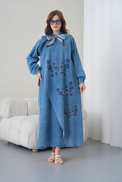 Miss Allos Rochie lungă din denim pentru femei, cu broderie fluture și detali...