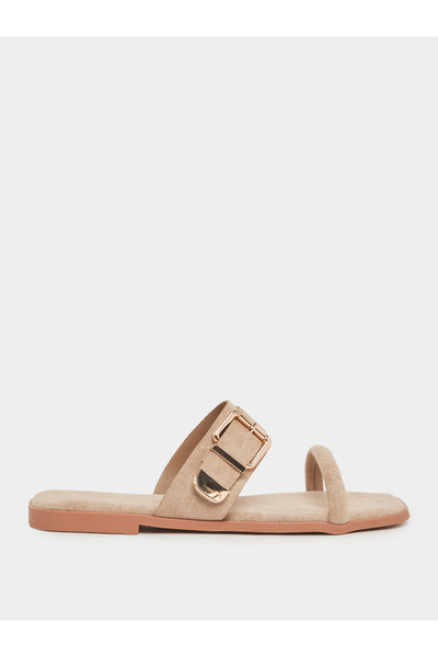 Styli Khaki Flat Sandals with Buckle Detail