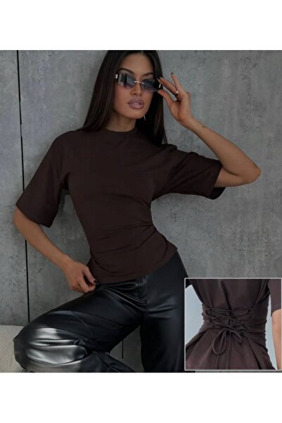 MAESTRO WOMAN Women's Coffee-Colored Tie-Waist Stretchy Short-Sleeve Blouse