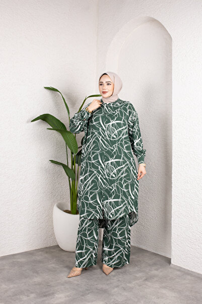 Sfg Life Moda Women's Hijab Shirt Collar Mixed Striped Viscose Tunic-Pants Set