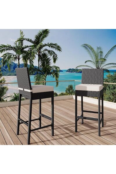Garvee Outdoor Bar Stools Set of 2, Wicker Rattan Bar Height Patio Chairs wit...