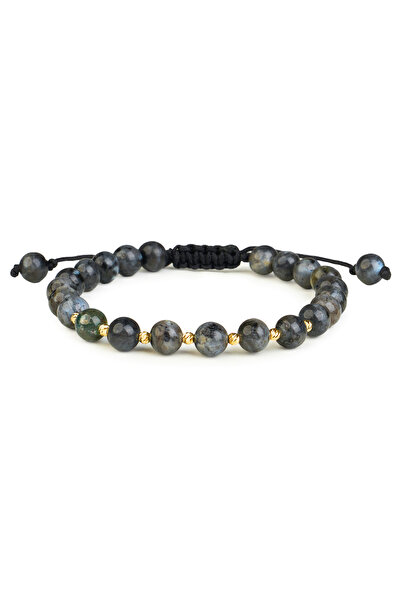 One Gold Bracelet with 7 beads 14K Gold "585" and Tiger Eye stones, adjustable