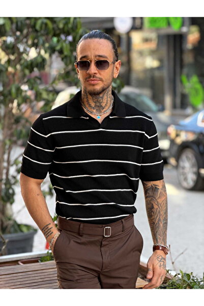 manch collection Prugasto Crna pletena majica sa polo ovratnikom