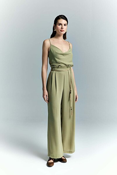 Sateen Belt Detailed Trousers - Khaki