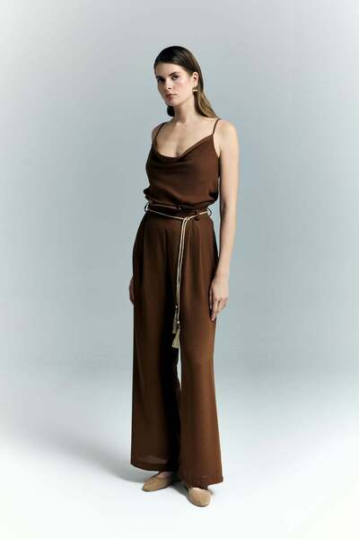 Sateen Belt Detail Pants - Brown