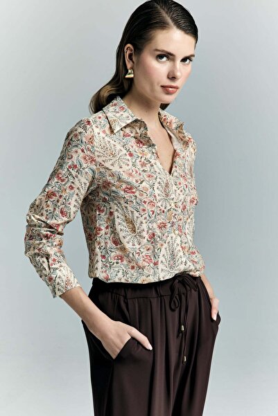 Sateen Cămașă cu model șal și mâneci pliate - Roz