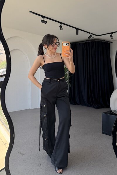 Gizem Ecemiş Lydie Siyah Saten Kargo Pantolon