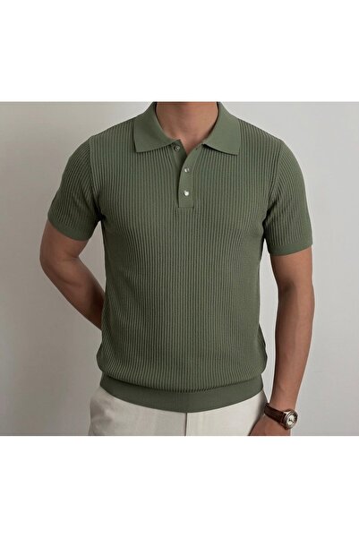ModaYaren Men's Polo Collar T-Shirt with Snap Detail Corded Fabric - C1T-1239