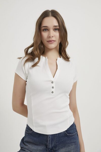 Arma Life Armalife 6681 V-Neck Button Detail Cropped Women's Bodysuit